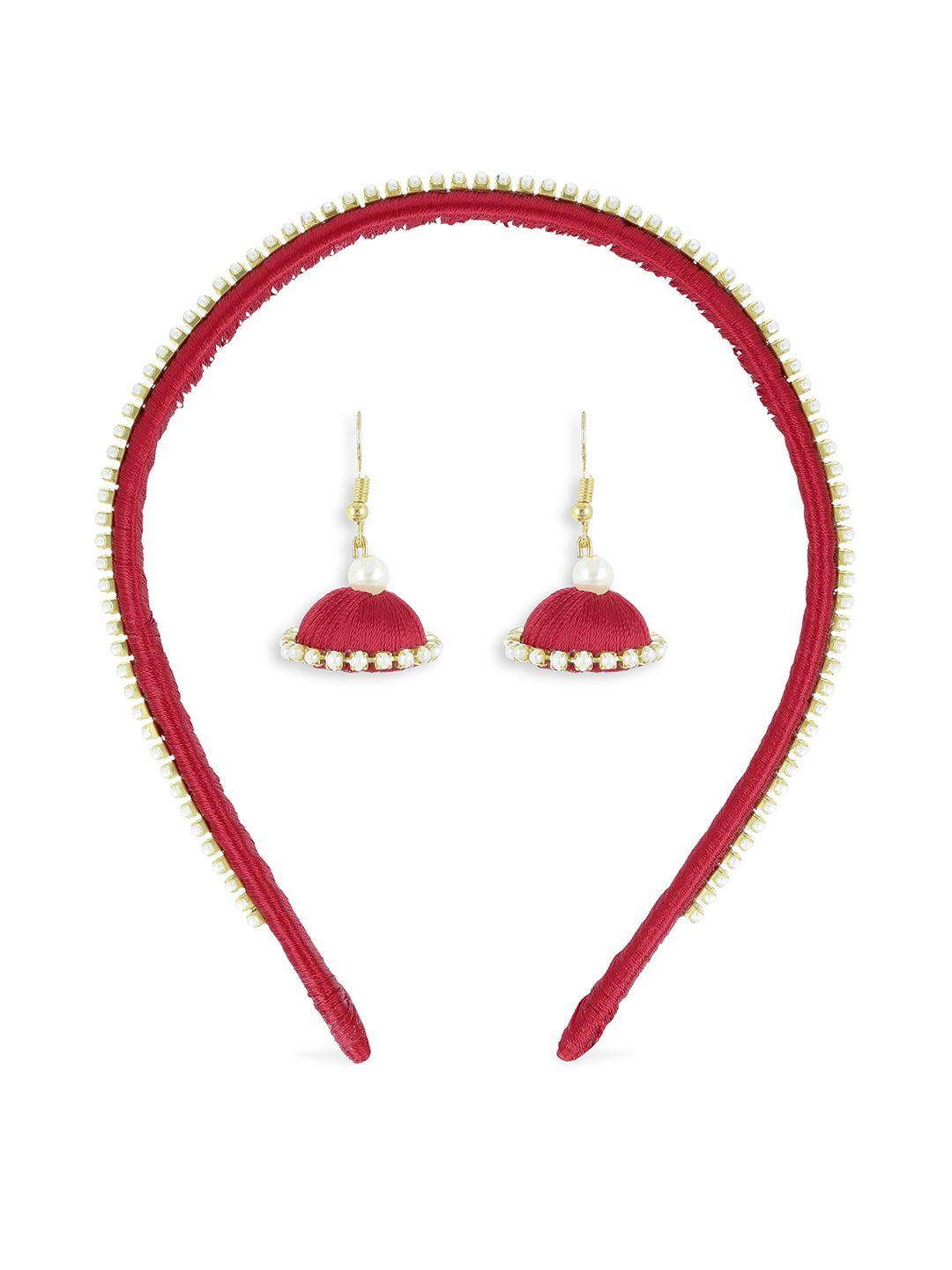 akshara girls red set of 2 beaded hairband & a pair of earrings