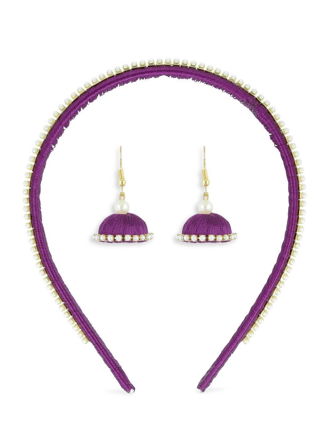 akshara girls set of 2 purple & gold-toned beaded hairband & dome-shaped jhumkas