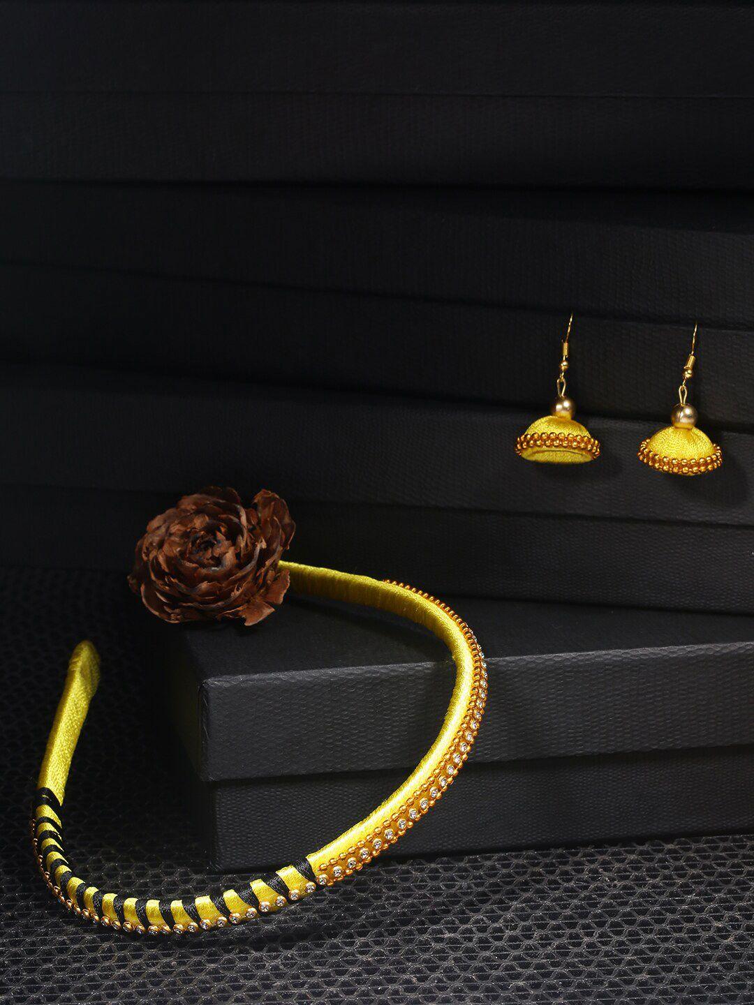 akshara girls yellow & gold-toned beaded hairband with earrings