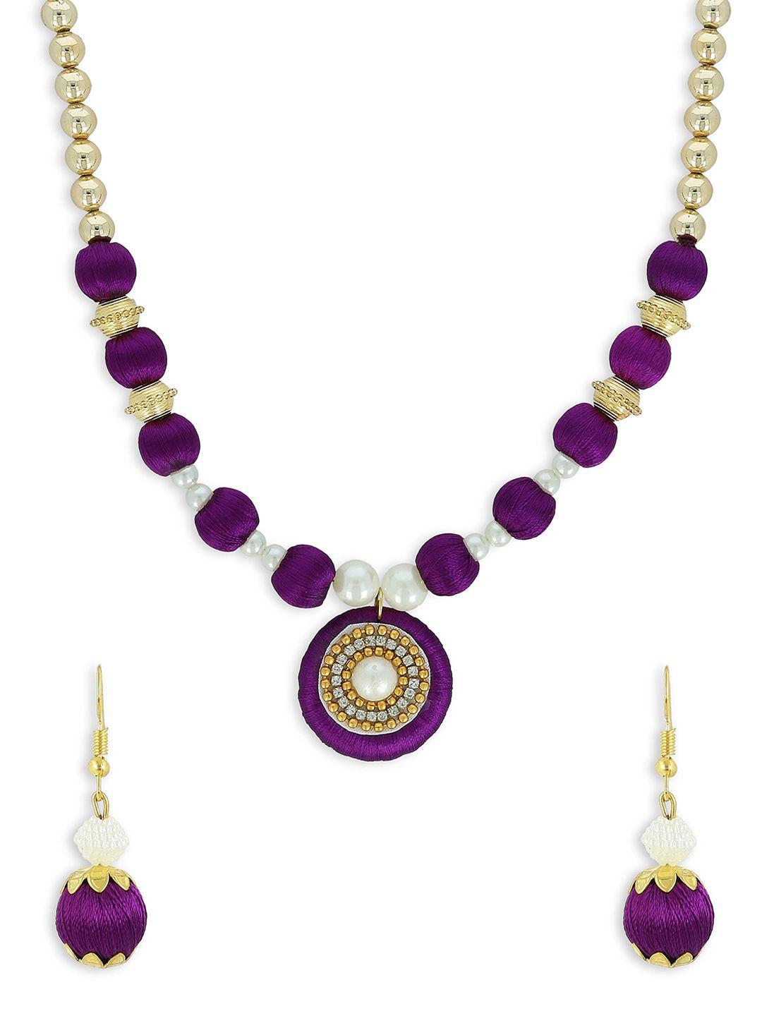 akshara gold-plated purple & white stone-studded beaded handcrafted jewellery set