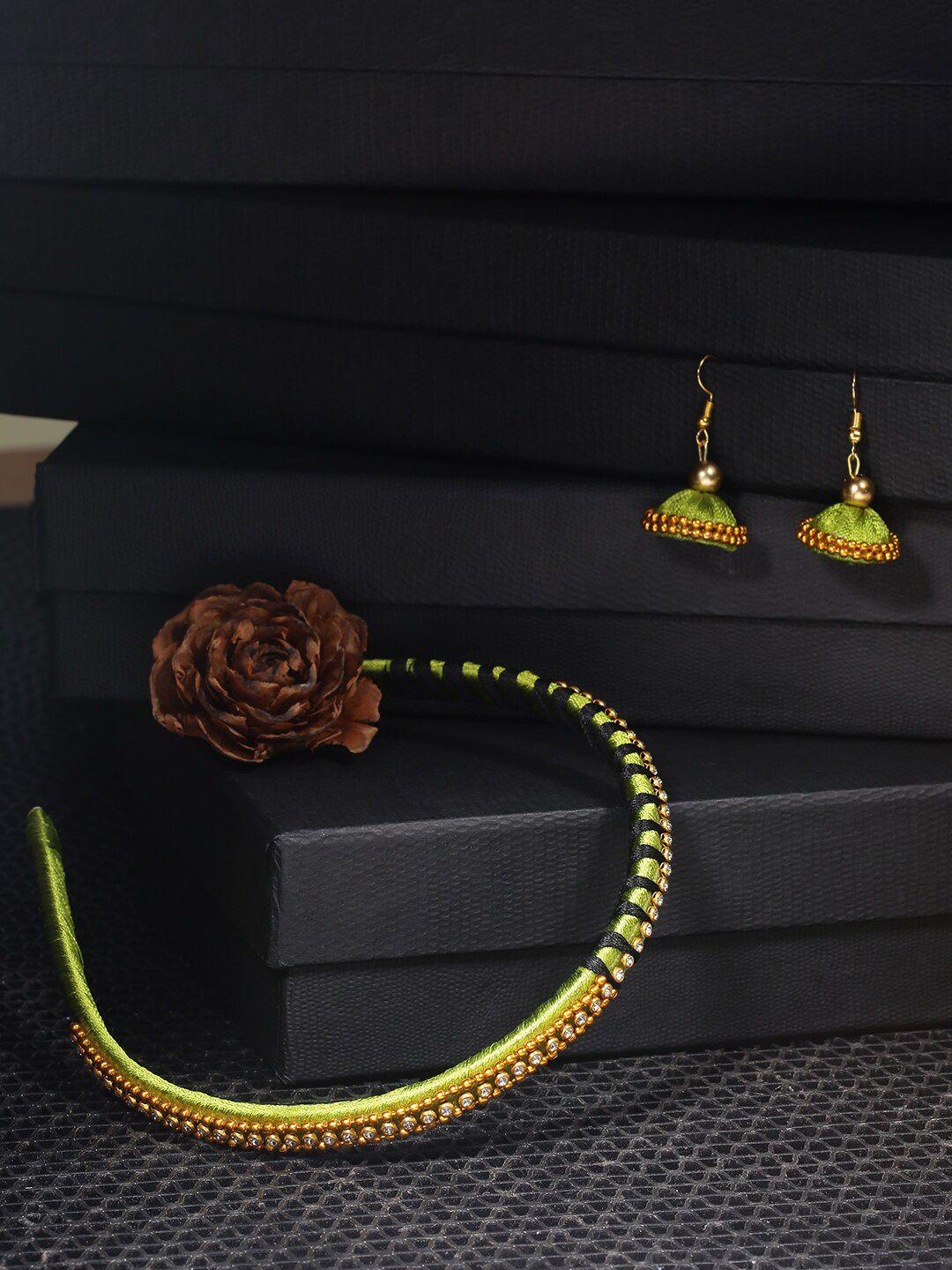 akshara girls green & gold-toned beaded hair band with earrings