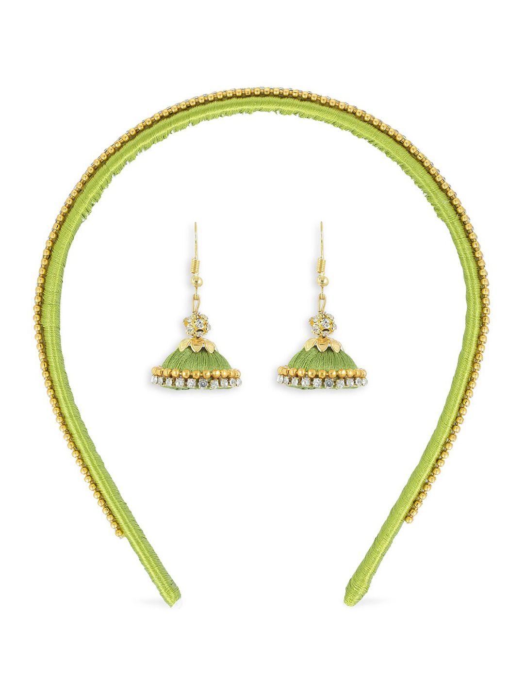akshara girls green & gold-toned hair band with earrings