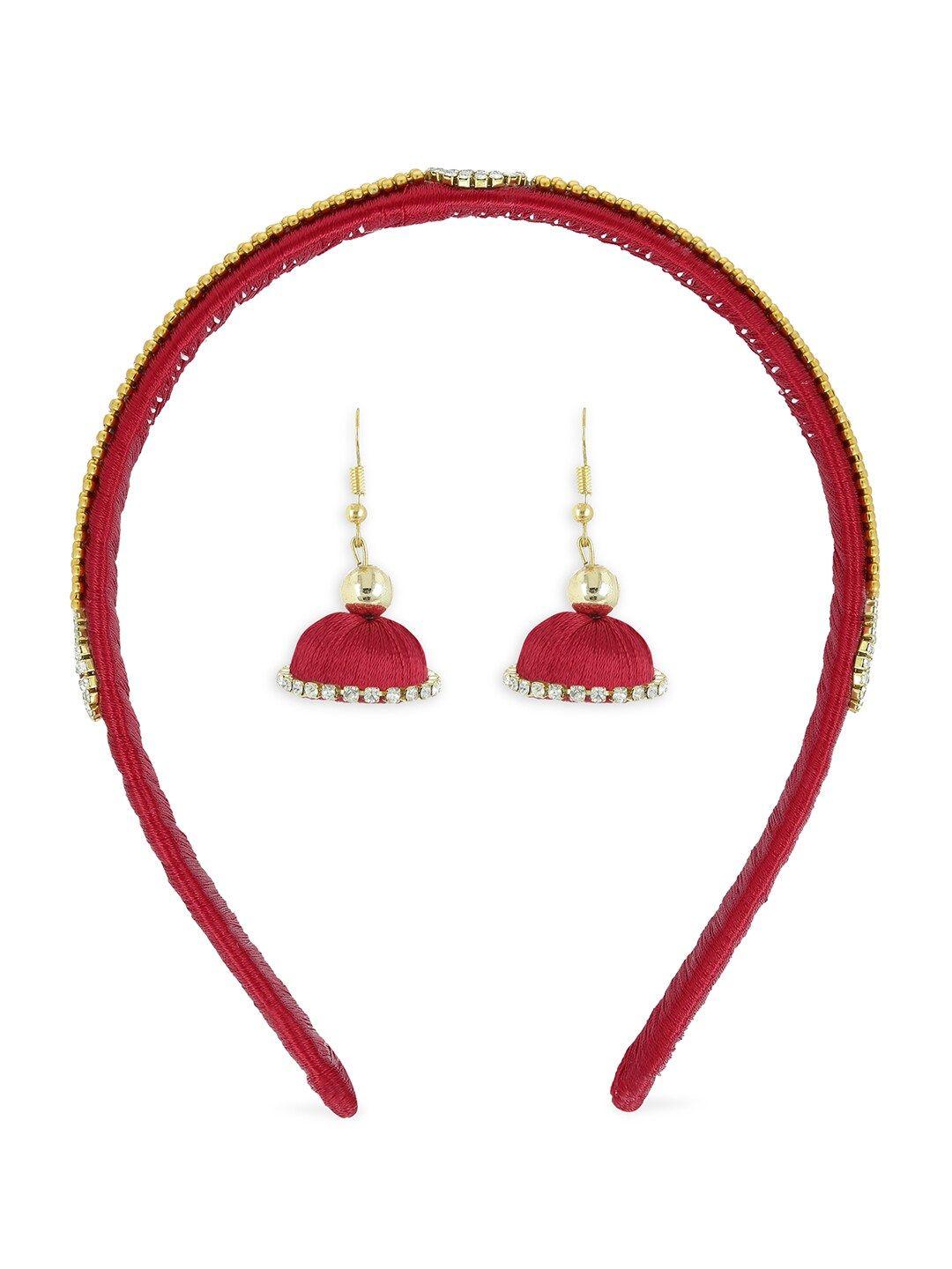 akshara girls red & gold-toned beaded hairband with jhumka