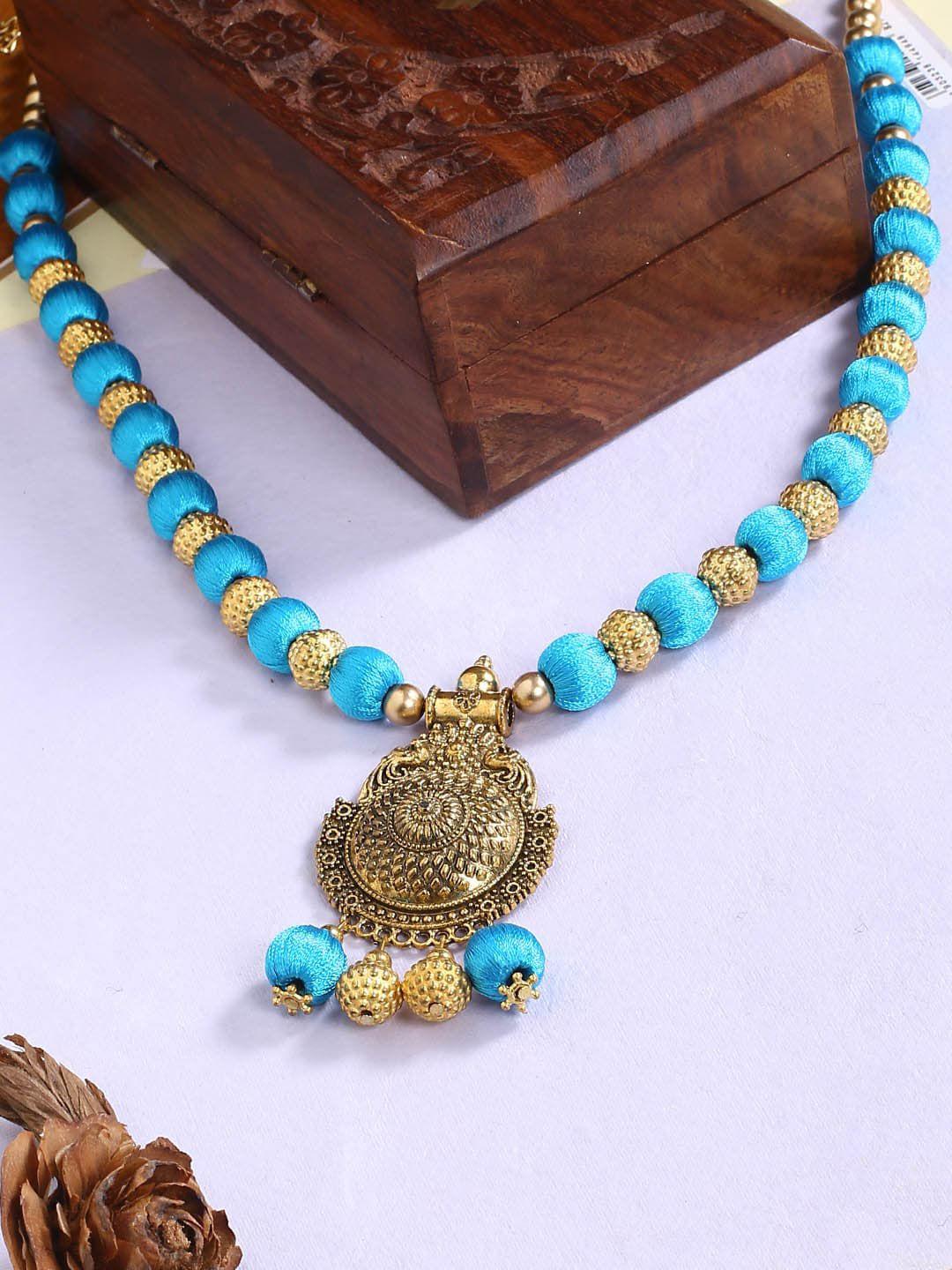 akshara sky blue silk threaded handcrafted pendent necklace