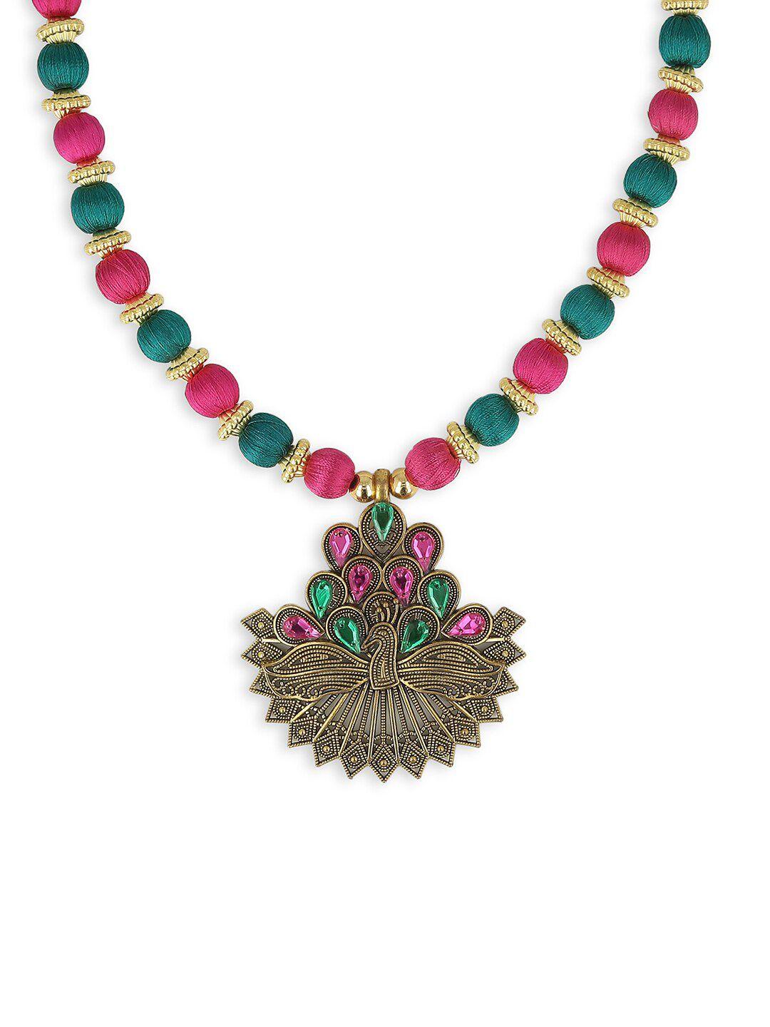 akshara women green & pink brass handcrafted necklace