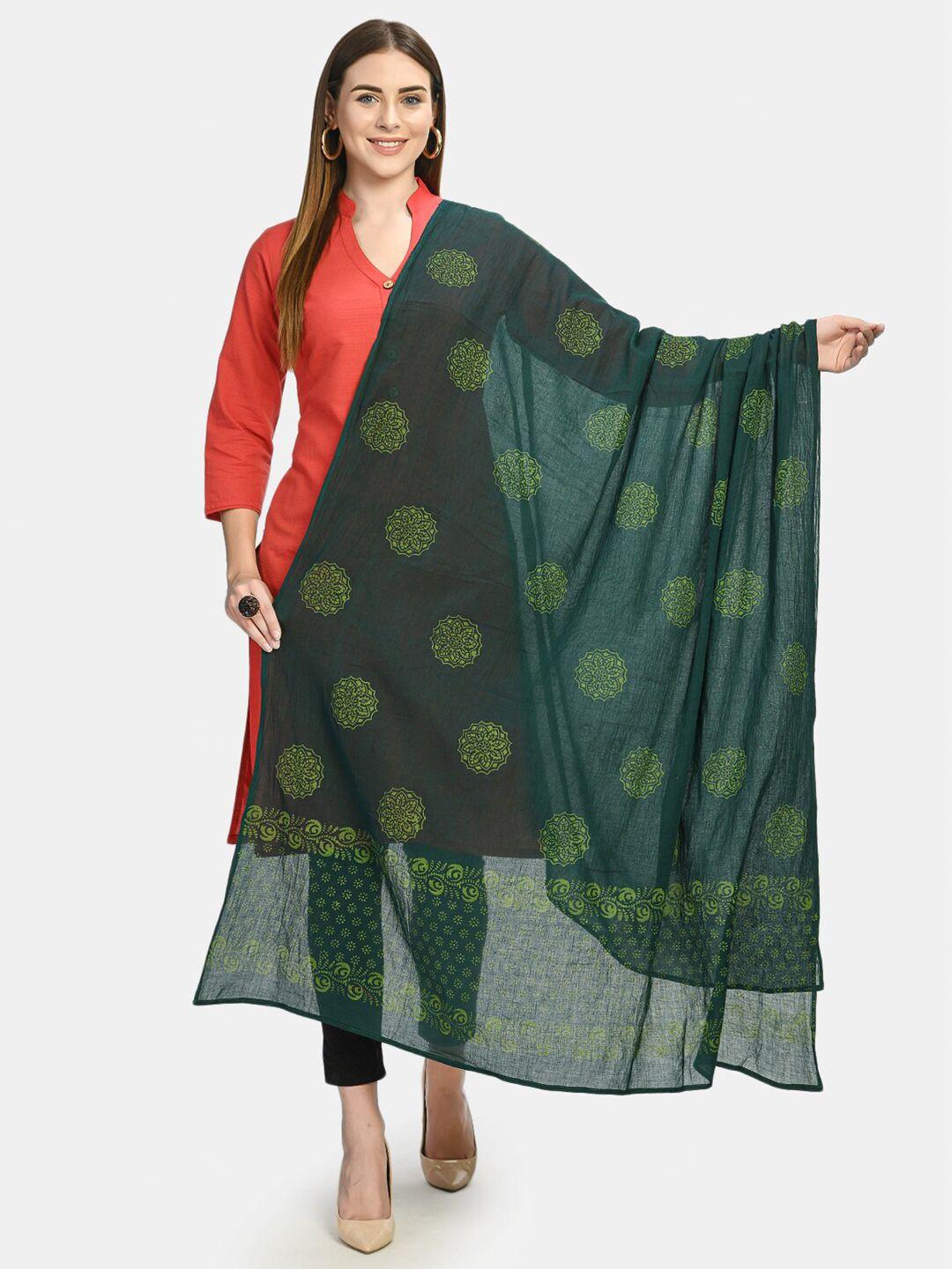 akshatani green women printed pure cotton block print dupatta