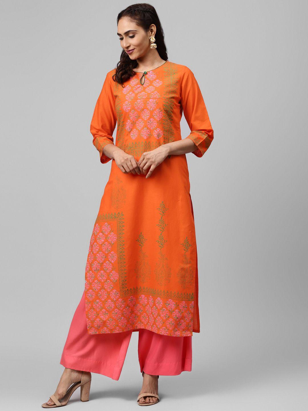 akshatani women orange & green hand block print straight kurta