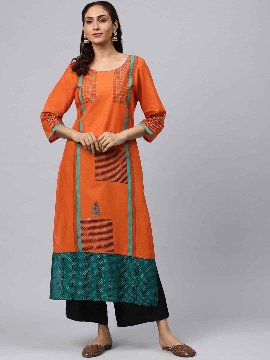 akshatani women orange & teal green hand block print straight kurta