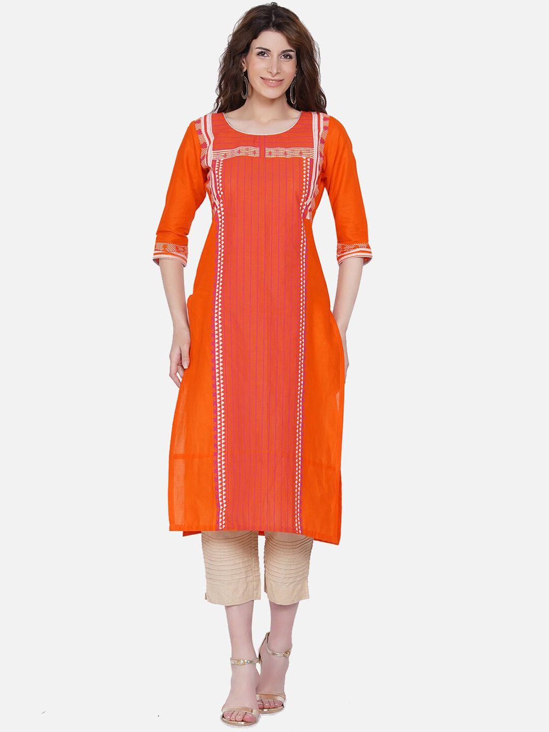 akshatani women orange printed block print pure cotton kurta