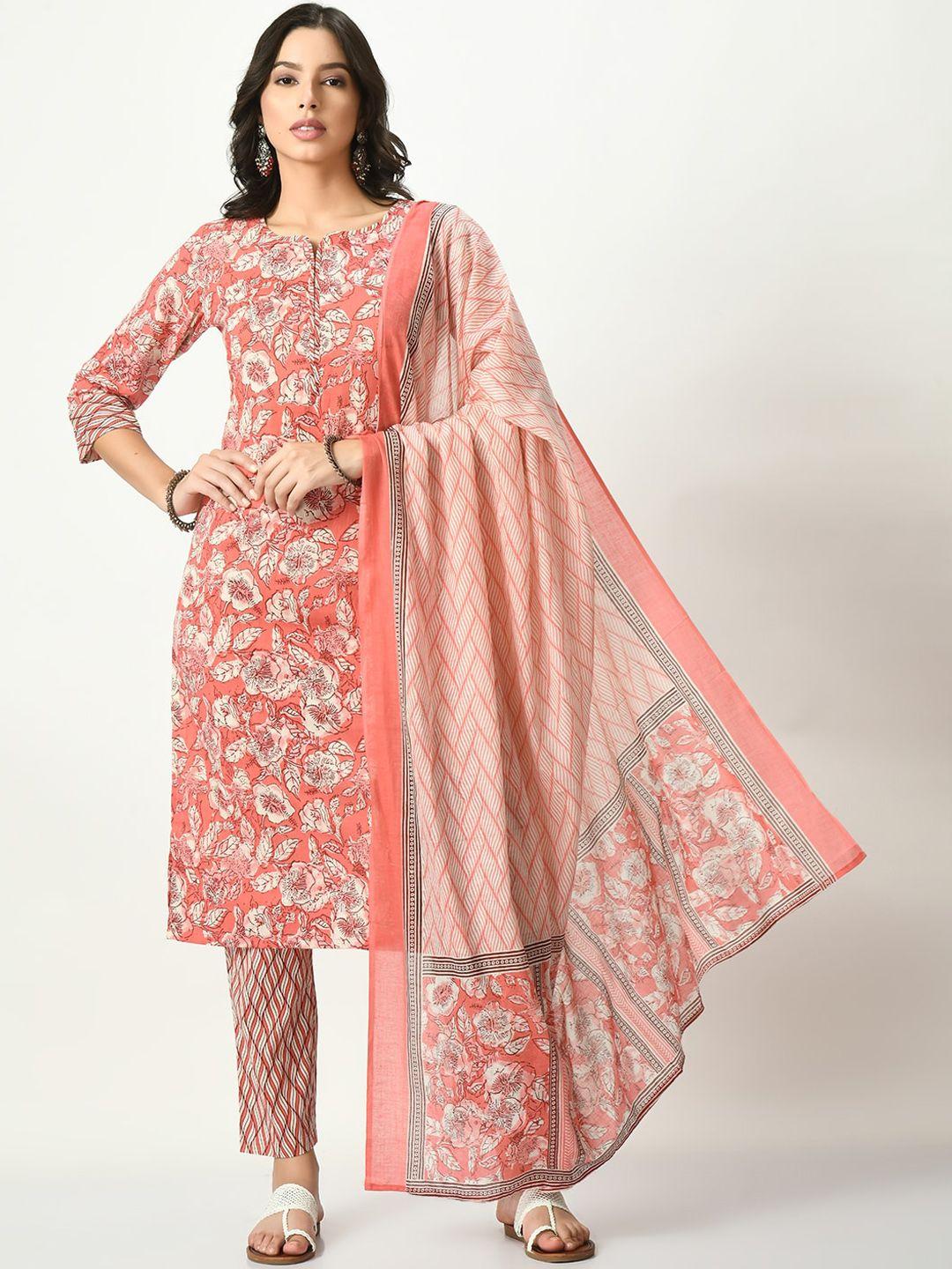 akshatani women peach-coloured printed regular pure cotton kurta with trousers & with dupatta