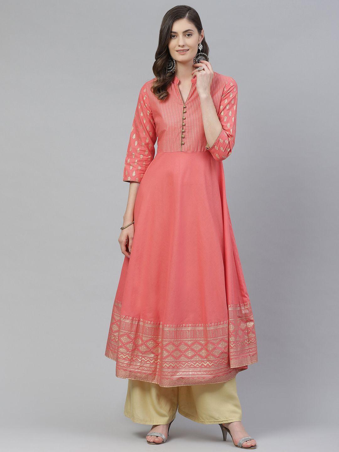 akshatani women pink & golden cotton ethnic motifs hand block print a-line kurta