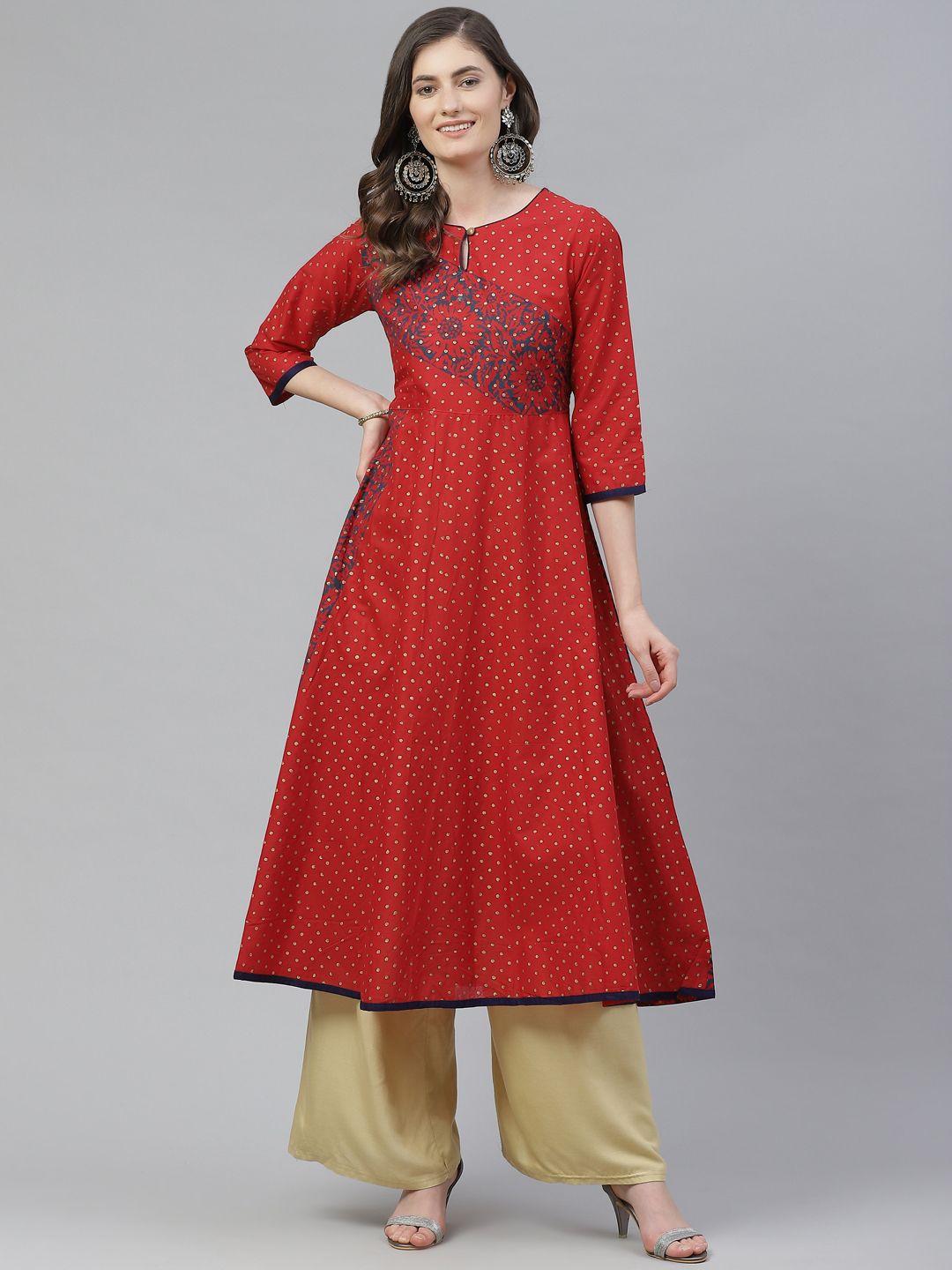 akshatani women red cotton ethnic motifs keyhole neck hand block print a-line kurta