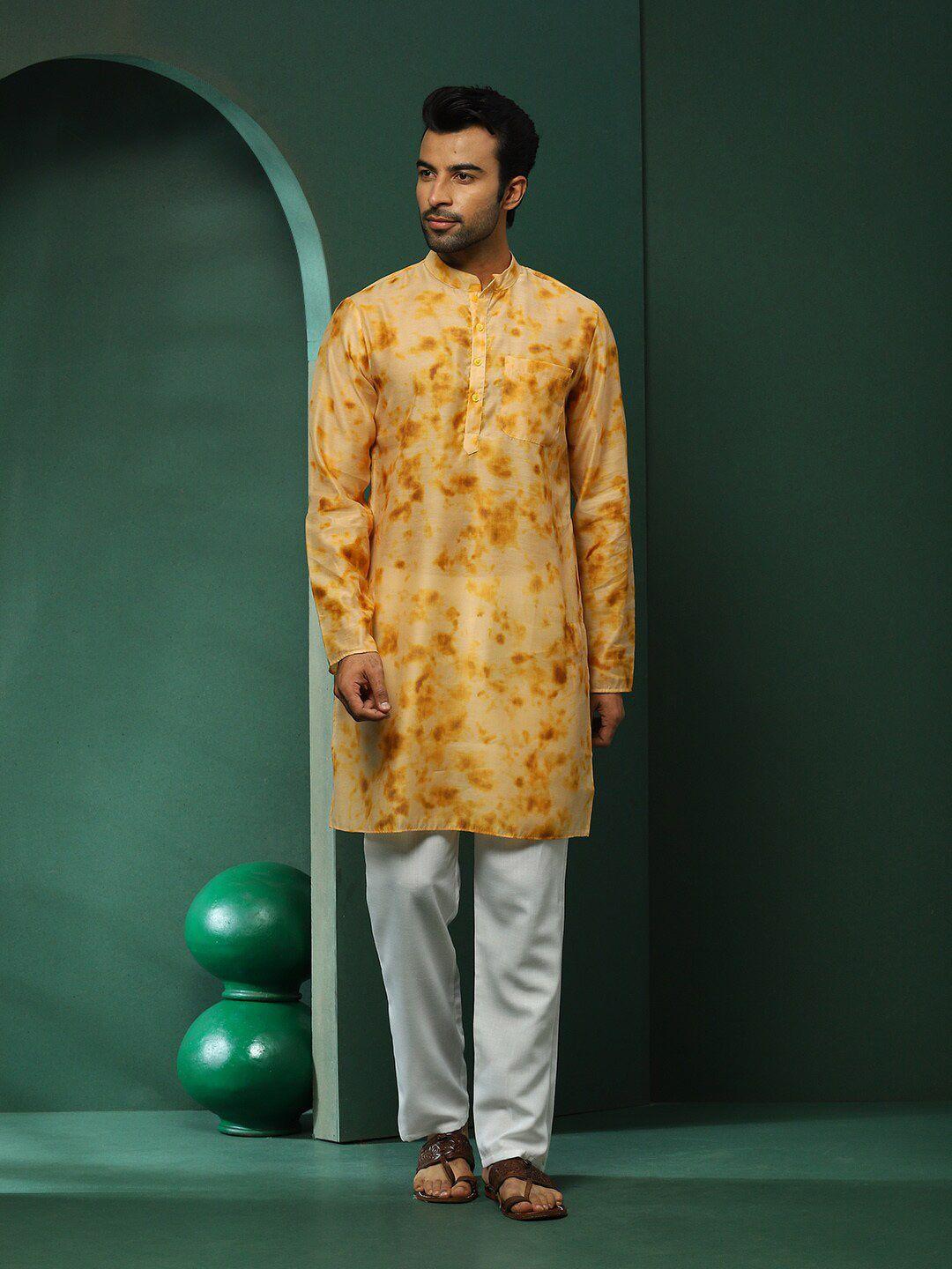 akstie & dye printed mandarin collar long sleeves chanderi silk straight kurta
