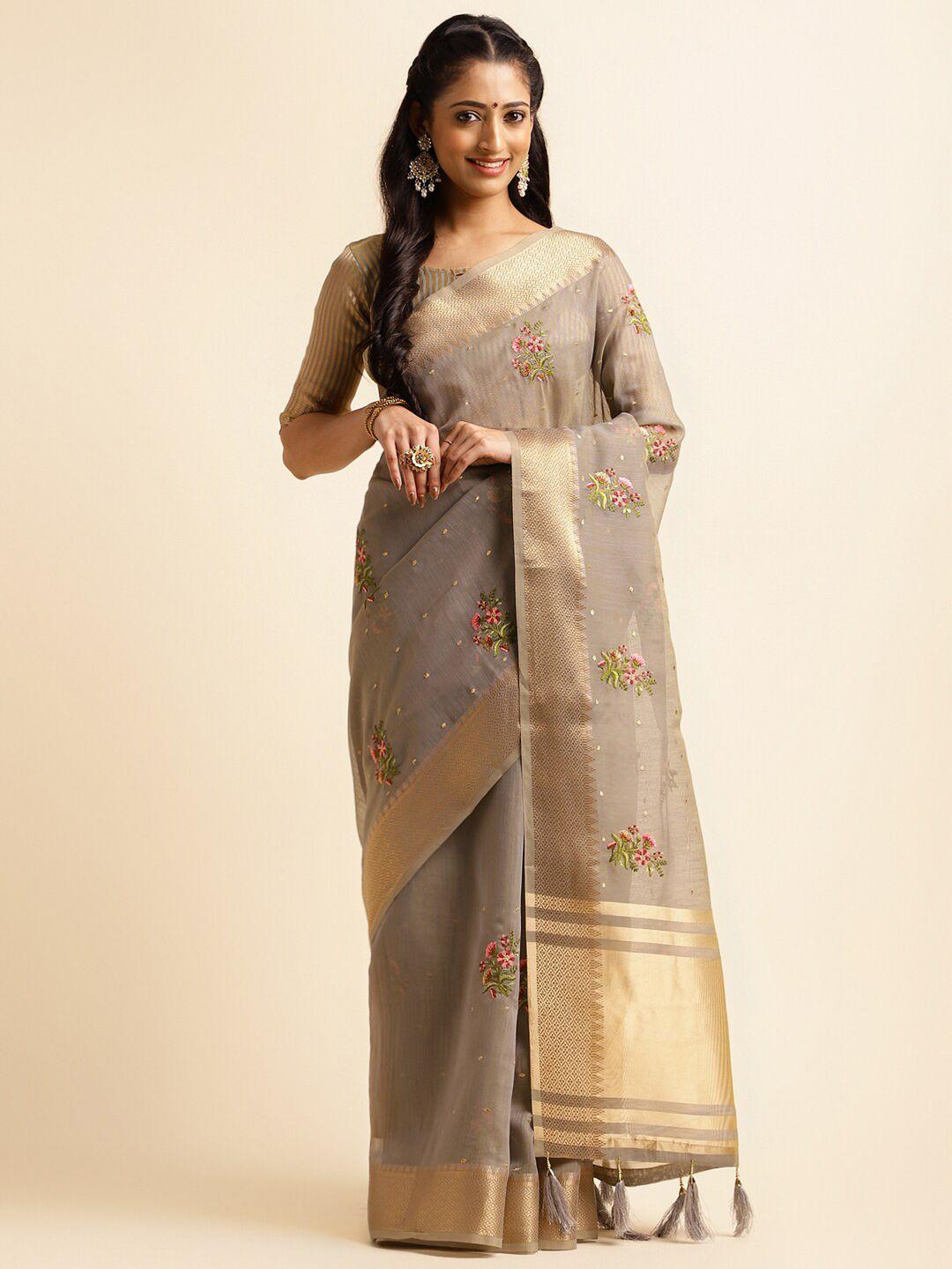 alagini ethnic motifs embroidered zari detailed pure linen saree