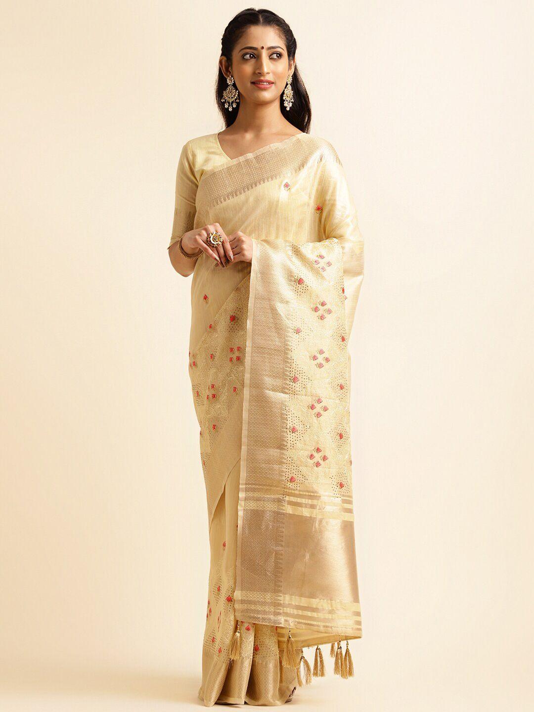 alagini ethnic motifs embroidered zari detailed silk cotton saree