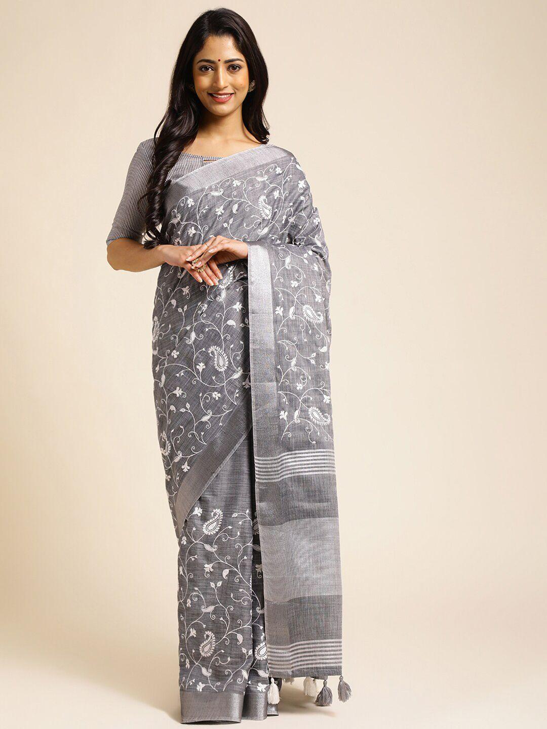 alagini floral embroidered zari pure linen saree
