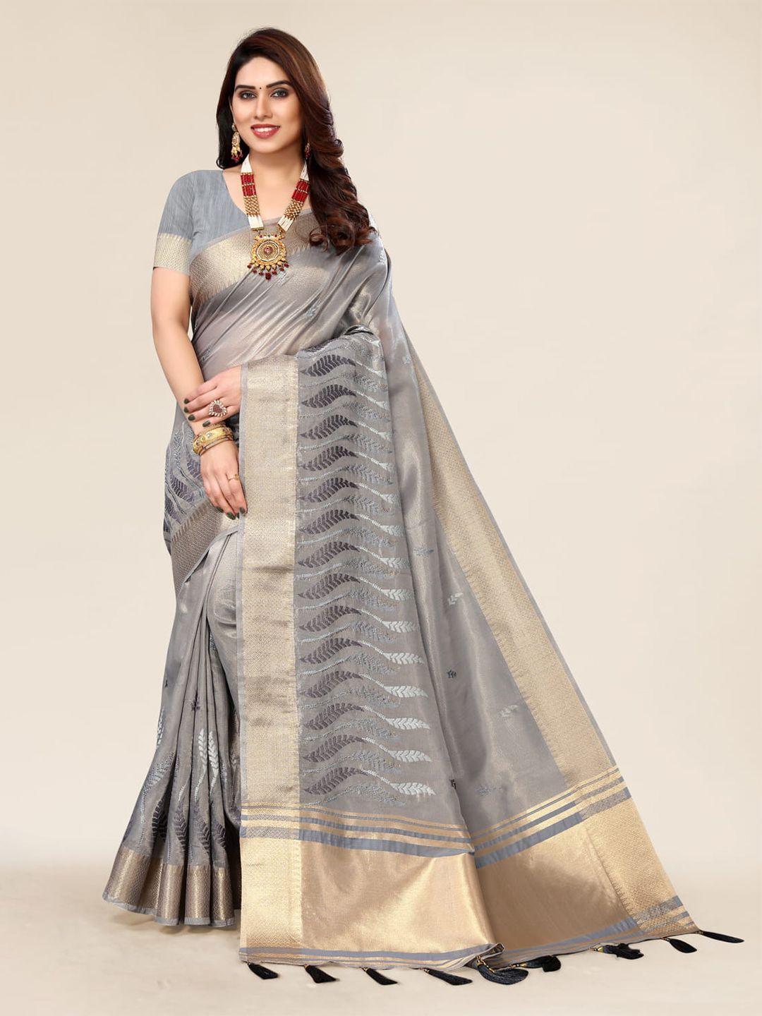 alagini grey & gold-toned embellished zari silk blend leheriya saree