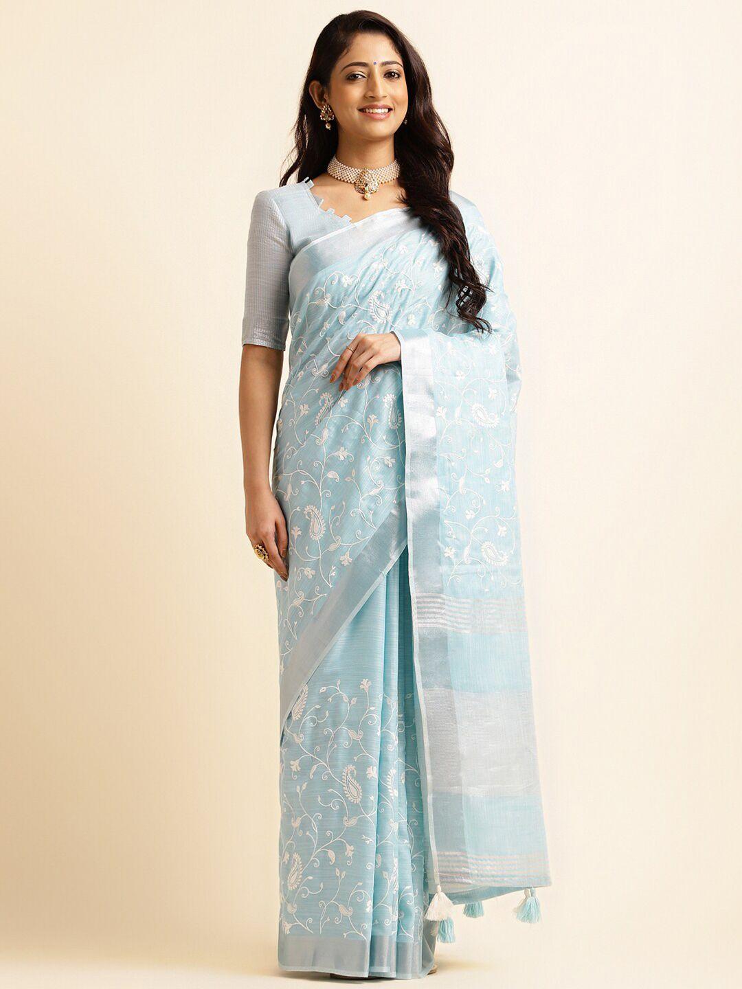 alagini paisley embroidered zari detailed pure linen saree