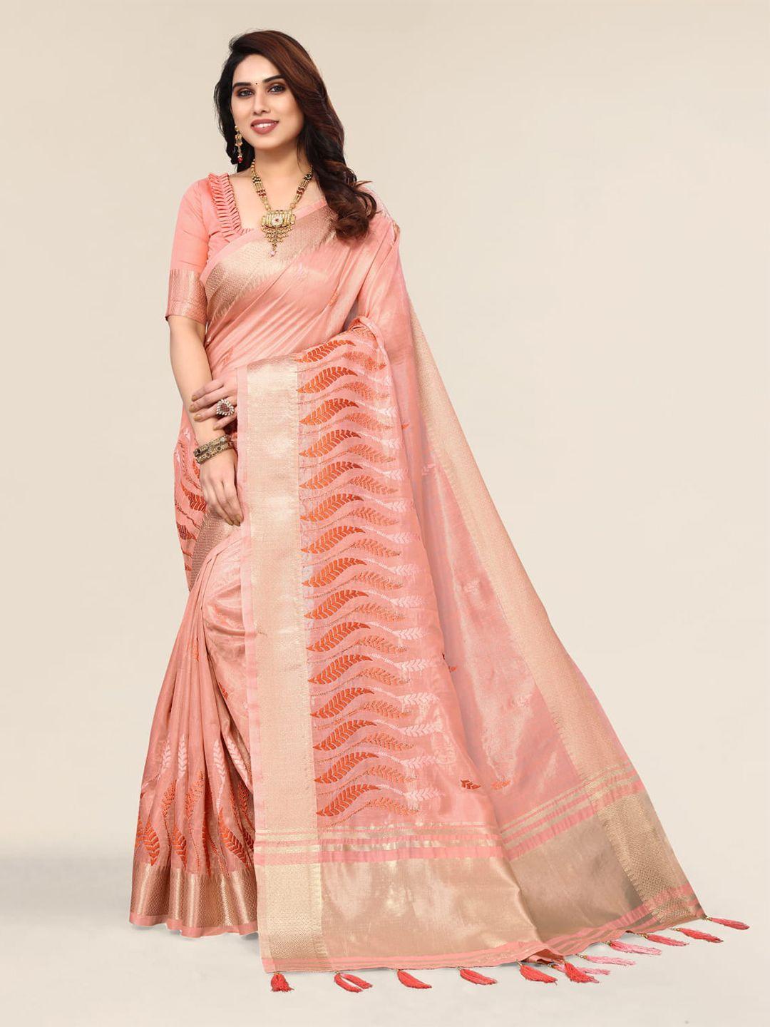 alagini pink & gold-toned ethnic motifs zari silk blend leheriya saree