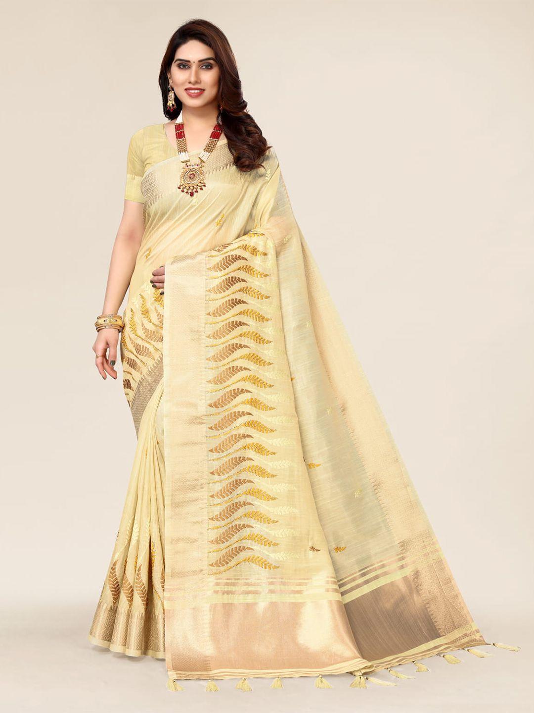 alagini yellow & gold-toned floral embroidered silk blend leheriya saree