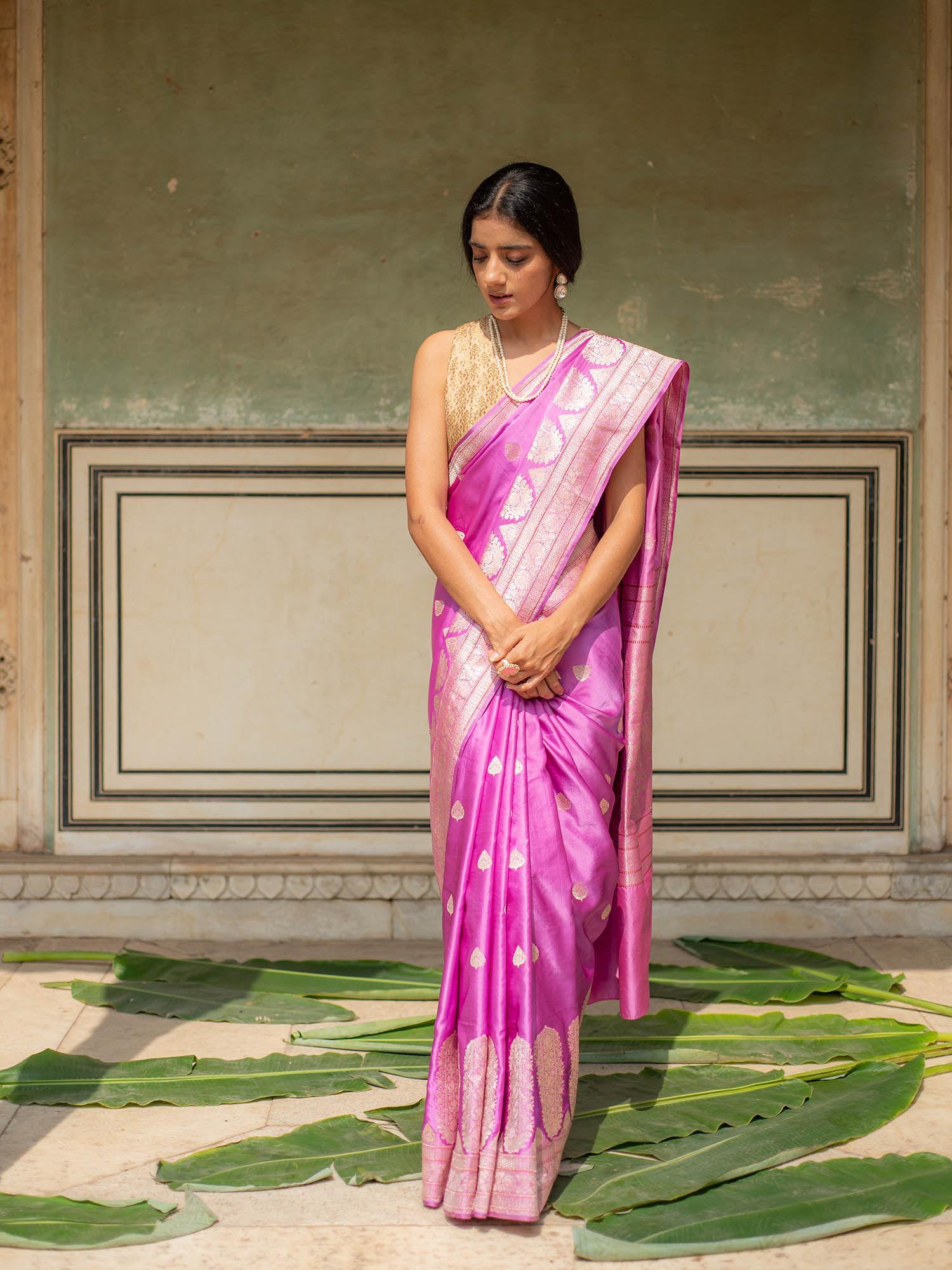 alaia - periwinkle pink silk banarasi mashroo saree with unstitched blouse