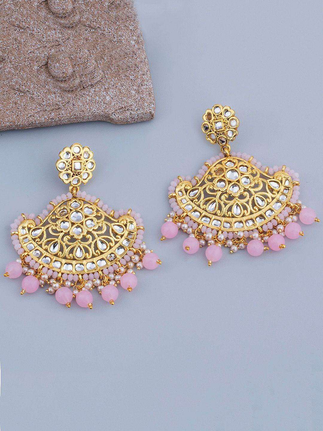 alamod gold-plated kundan studded & beaded classic chandbalis earrings