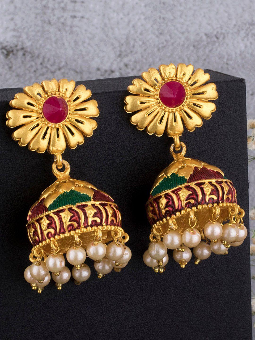 alamod gold-plated stone studded & beaded floral jhumkas earrings