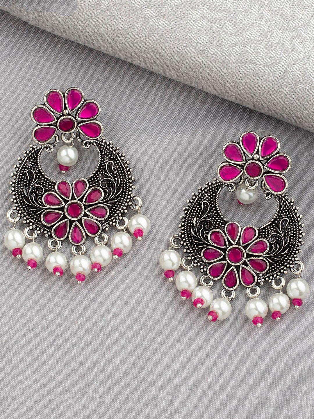 alamod silver plated pearl beaded floral chandbalis earrings