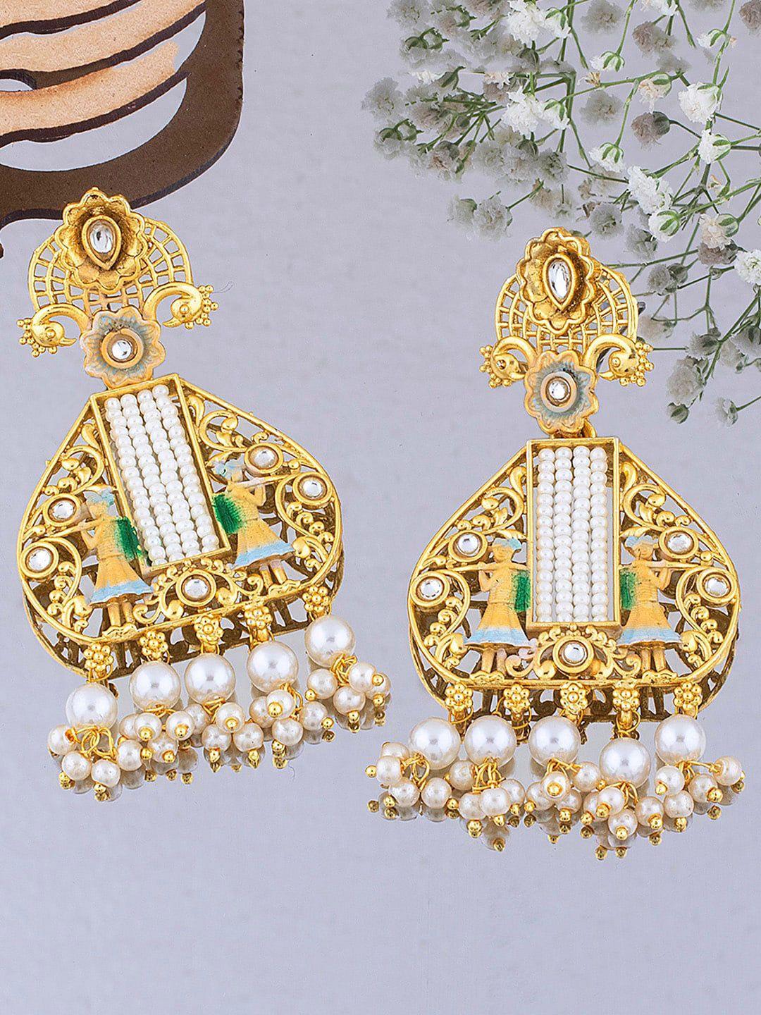 alamod gold-plated kundan & pearl classic drop earrings