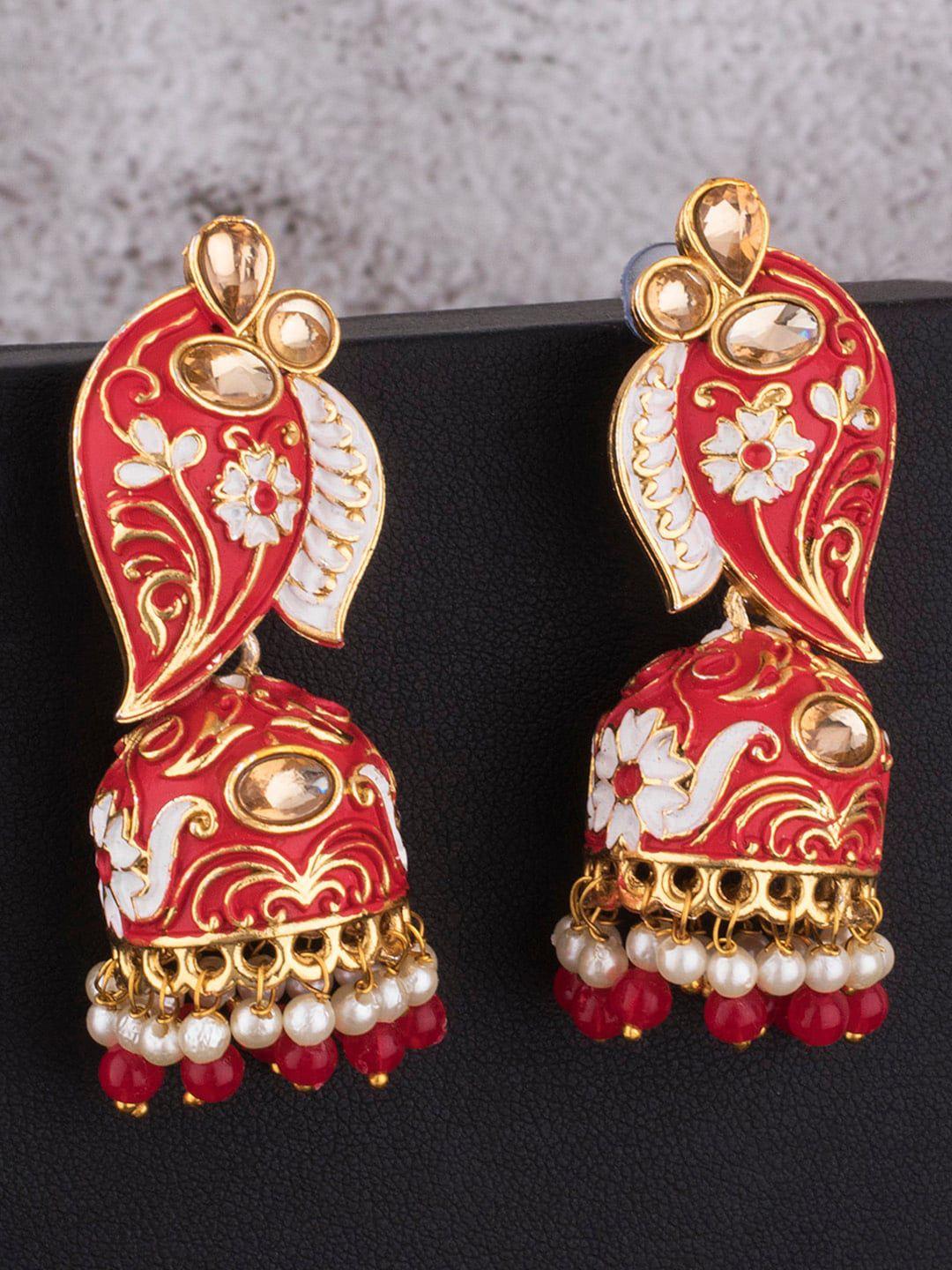 alamod gold-plated stone studded & beaded leaf shaped jhumkas earrings