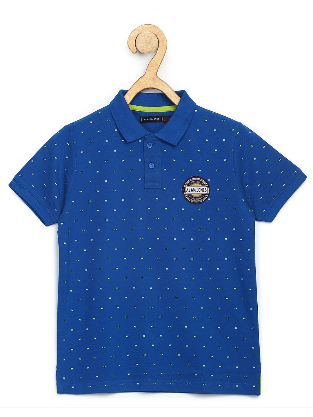 alan jones boys blue polka dots printed polo collar applique t-shirt
