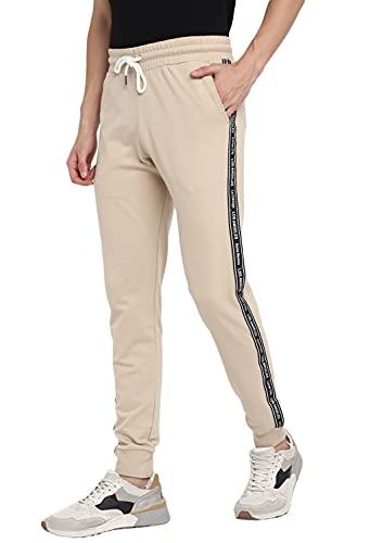 alan jones clothing men's cotton side tape slim fit joggers track pants (beige_s)