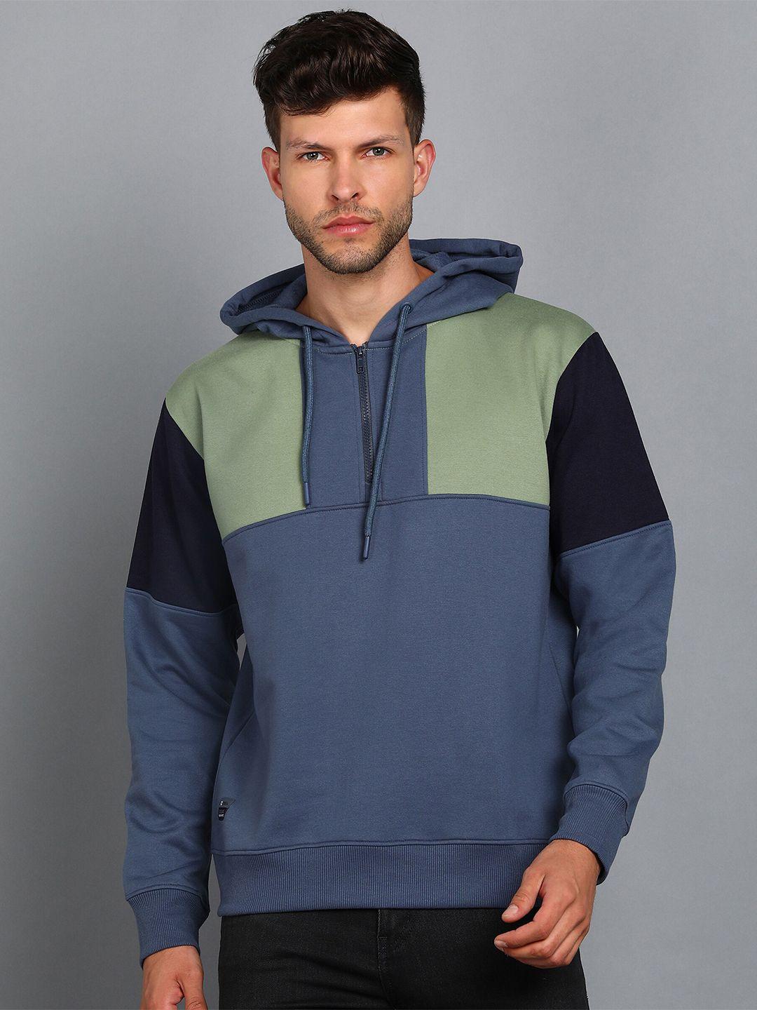 alan jones men blue colourblocked hooded sweatshirt