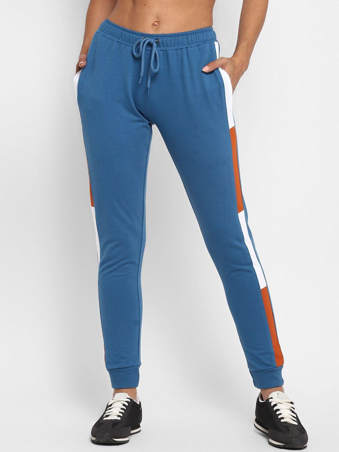 alan jones women teal-blue & white colourblocked slim-fit joggers track pant