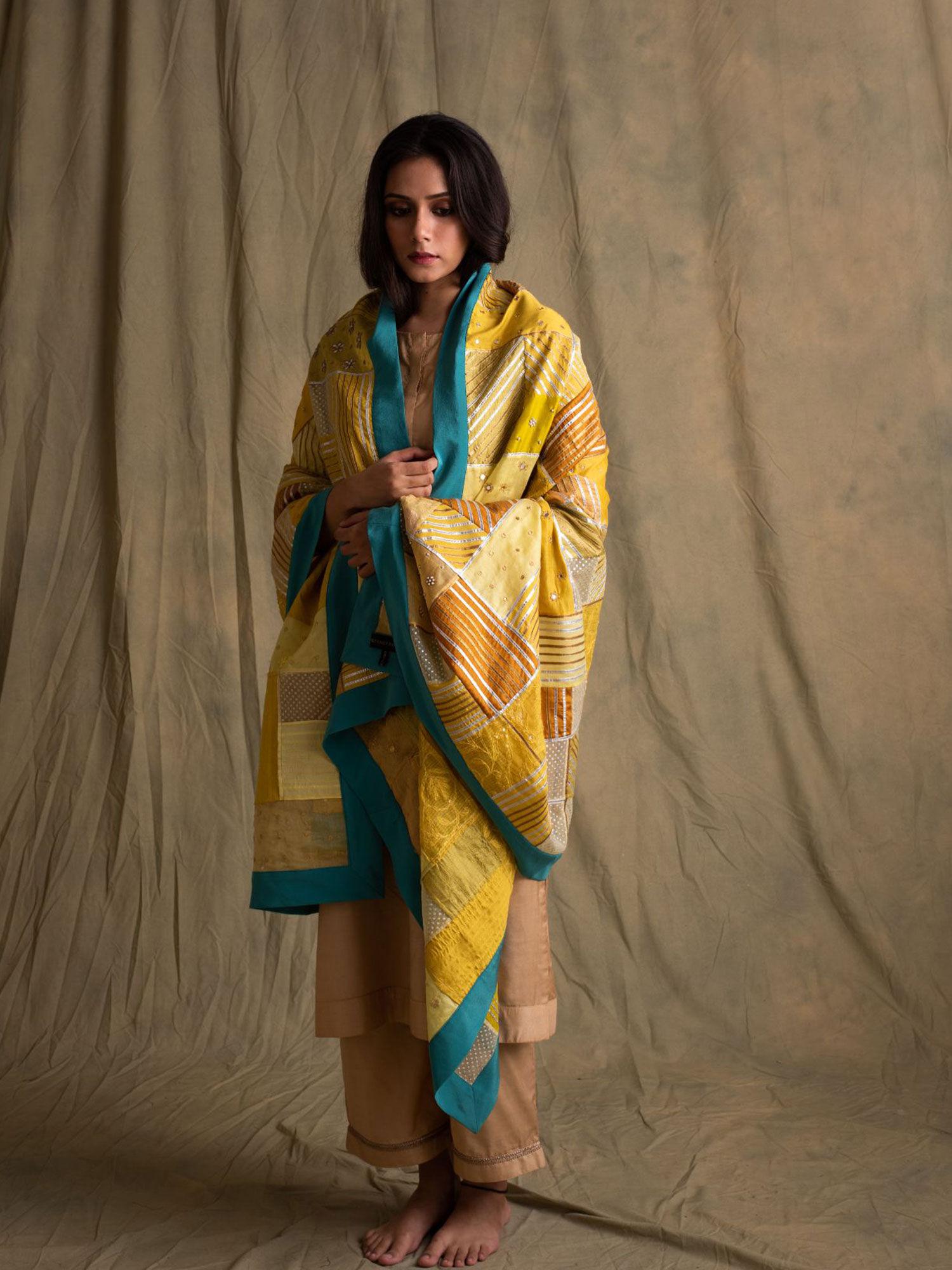 alar heritage yellow and blue patchwork dupatta