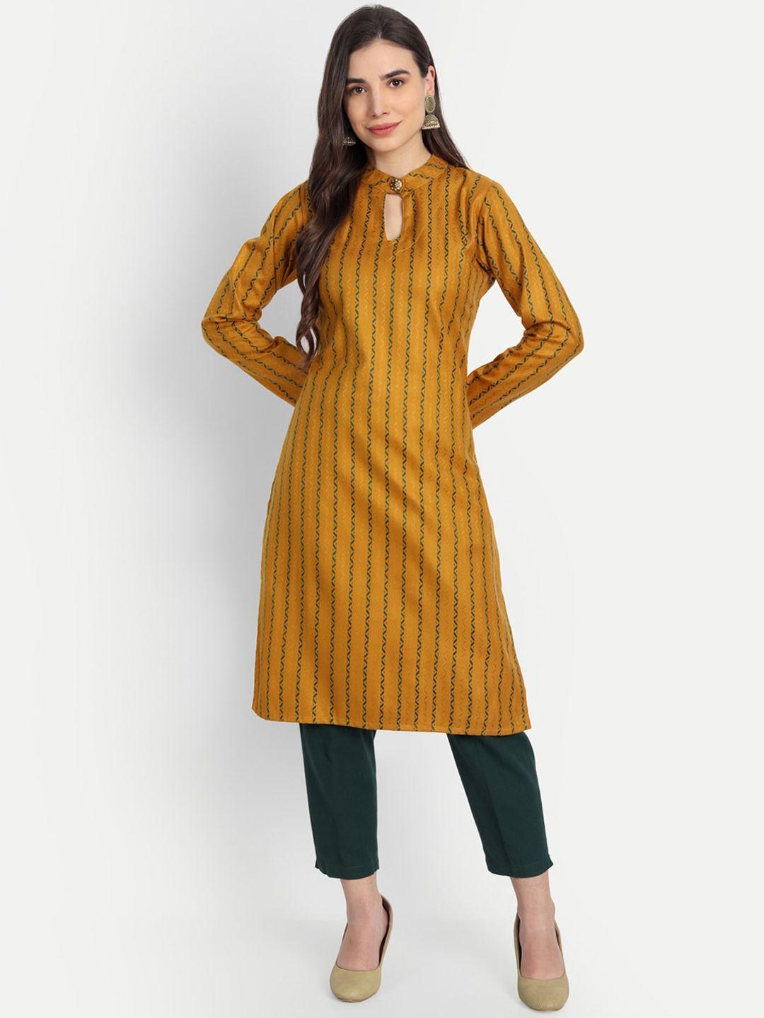 alavya women mustard yellow striped woven design woolen winter kurta
