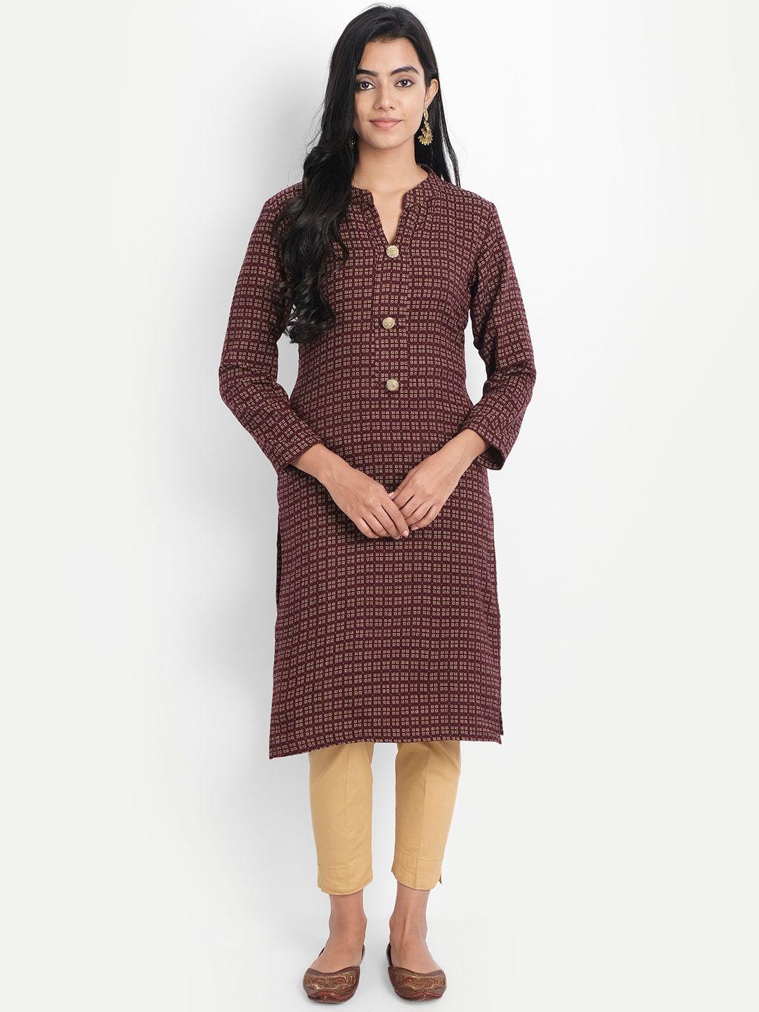 alavya women brown checked dobby kurta