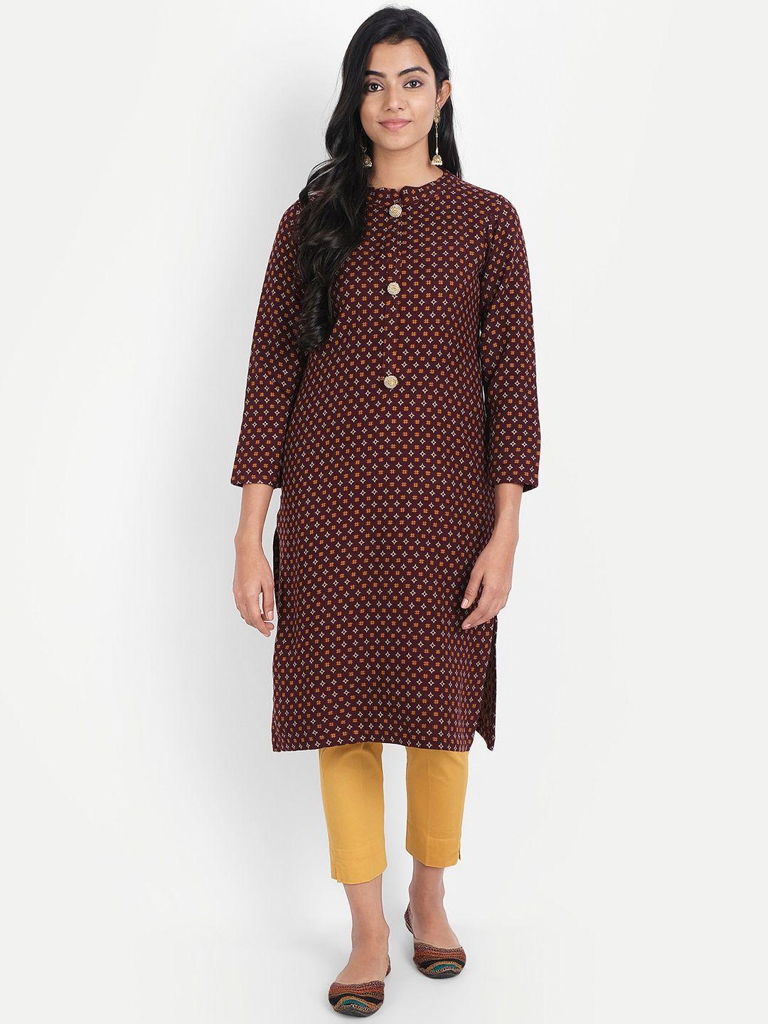 alavya women brown ethnic motifs printed dobby kurta