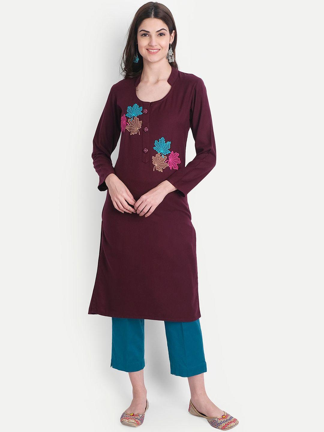 alavya women brown floral thread work dobby kurta