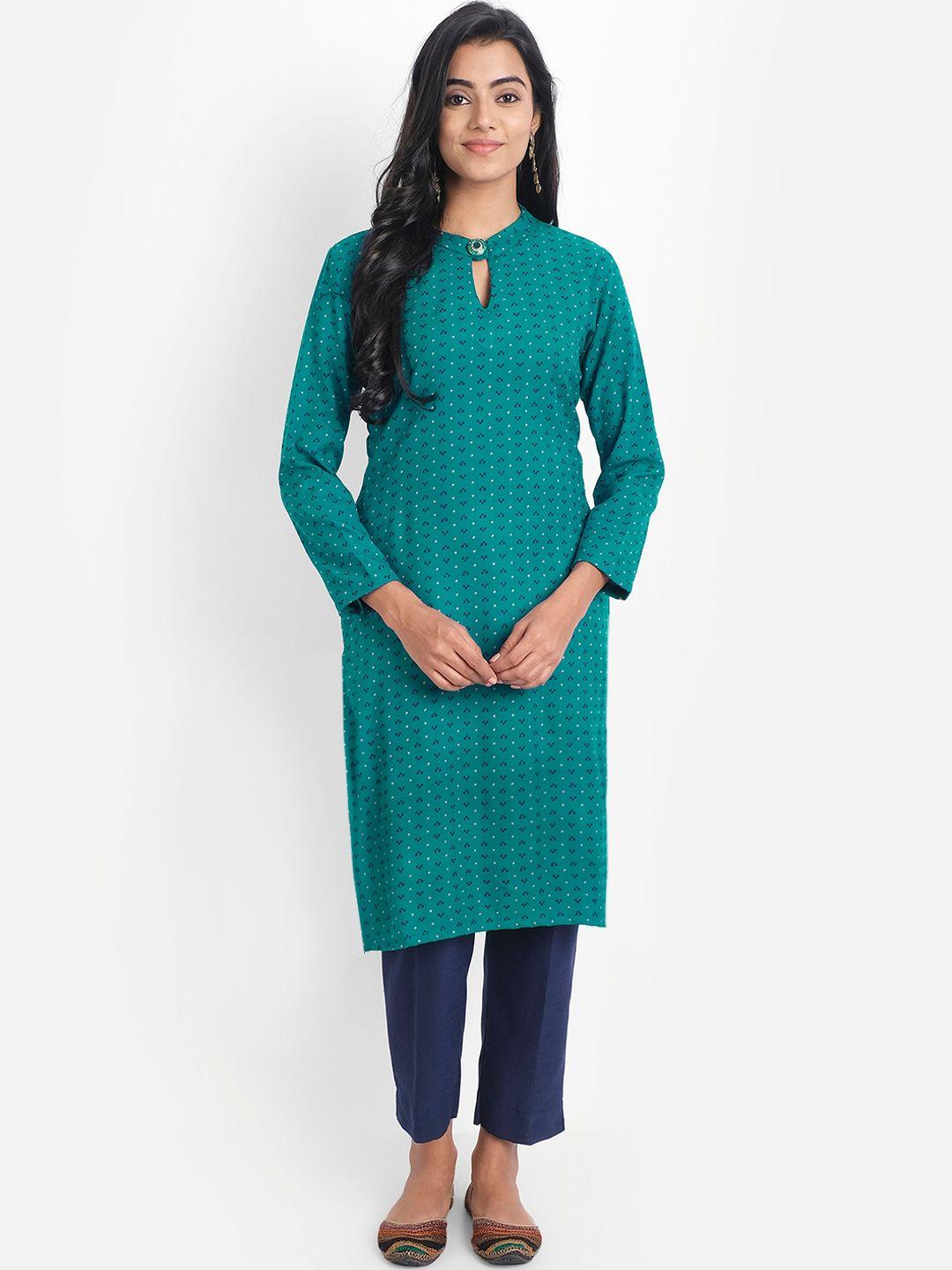 alavya women green & blue woven keyhole neck three quarter sleeves dobby kurta