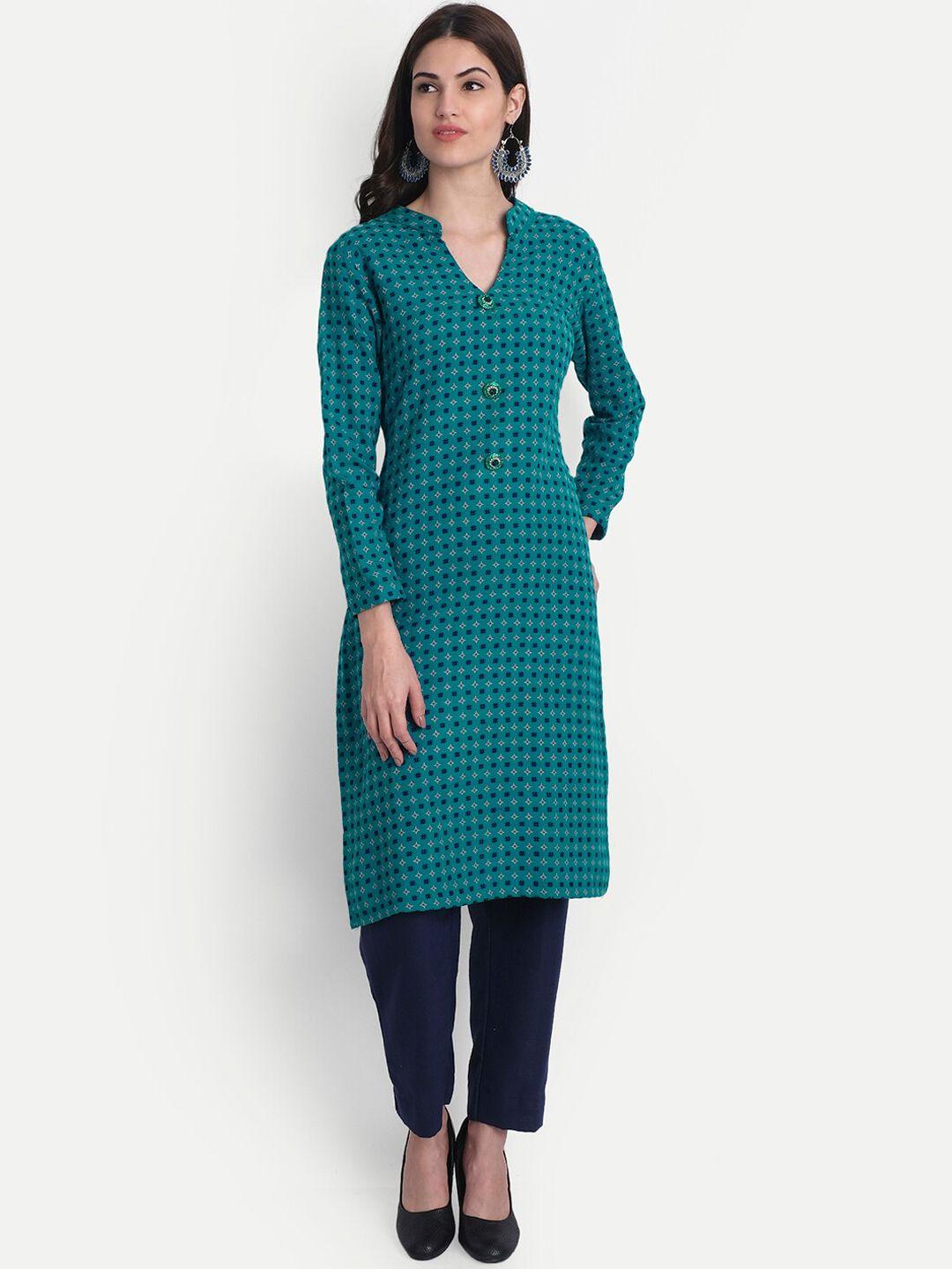 alavya women green dobby winter woolen geometric kurta