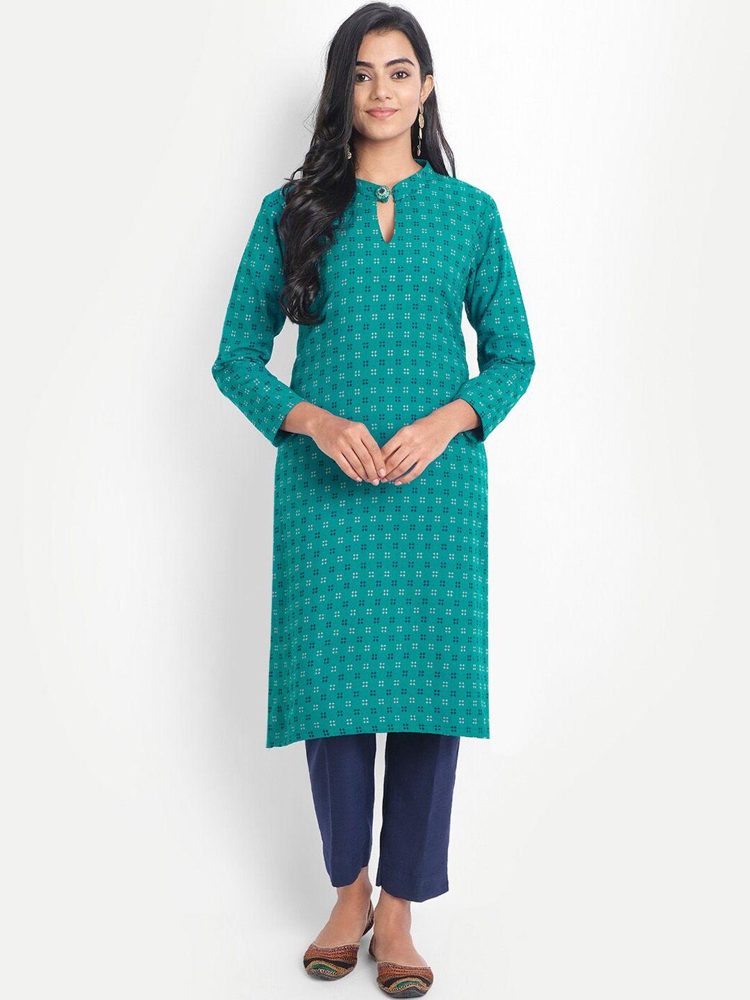 alavya women green geometric printed keyhole neck dobby kurta