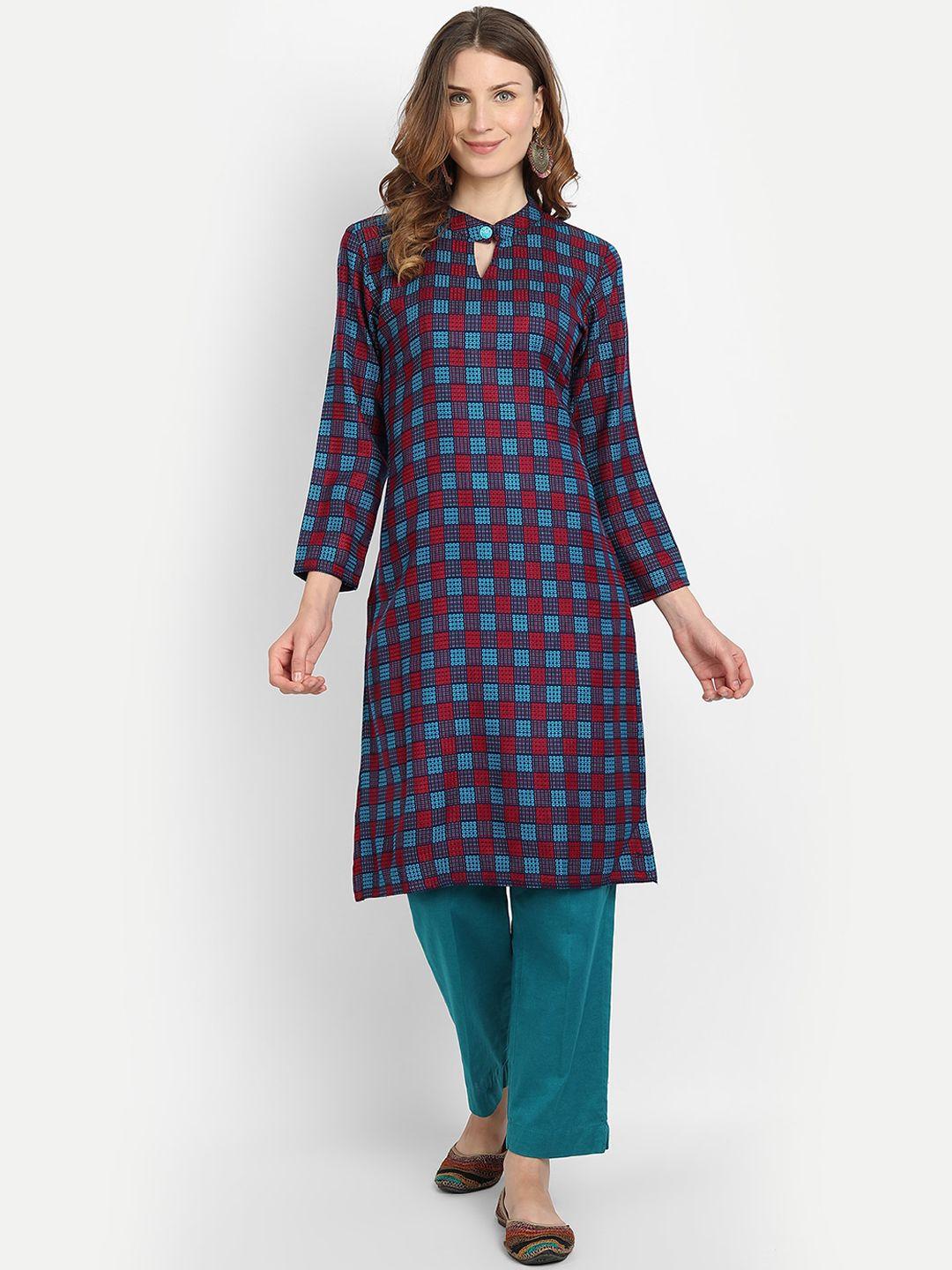 alavya women navy blue ethnic motifs keyhole neck dobby kurta