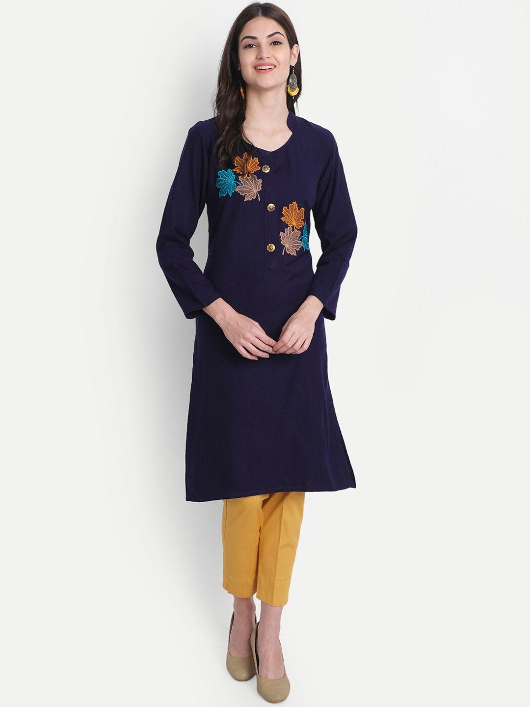 alavya women navy blue floral embroidered dobby kurta