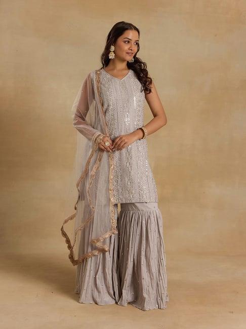 alaya grey embroidered kurta with sharara & dupatta