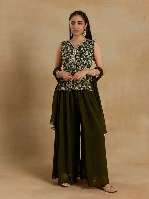 alaya olive embellished kurta with sharara & dupatta