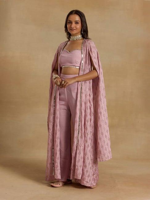 alaya pink embellished crop top with palazzos & shrug