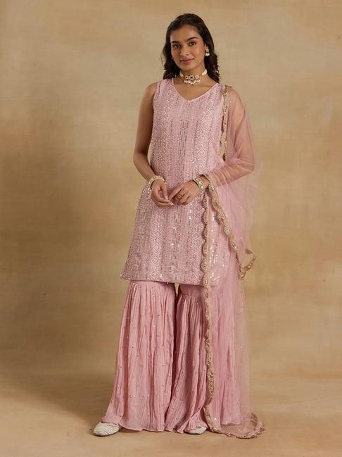 alaya pink embroidered kurta with sharara & dupatta