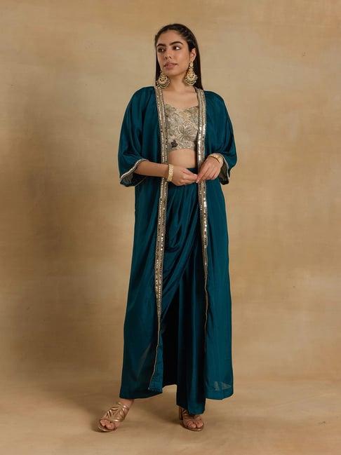 alaya teal embellished crop top with skirt & shrug