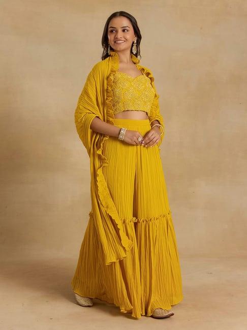 alaya yellow embellished crop top with sharara & cape